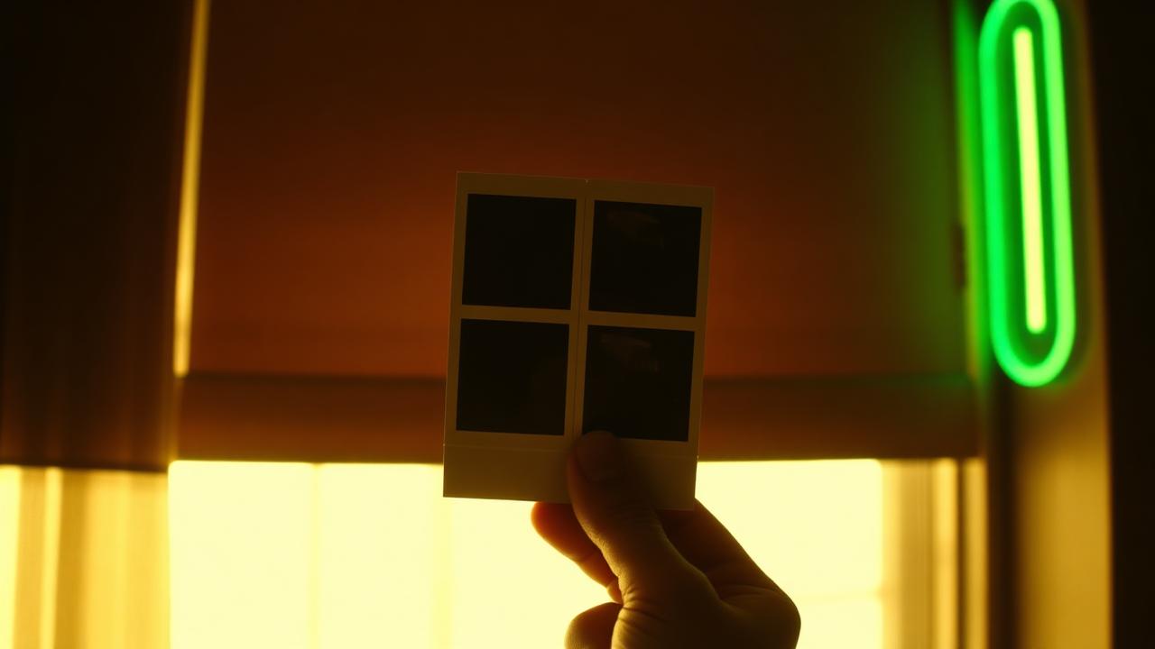 Four-frame browser photobooth strip held against warm window light, FLASHFRAME analog film aesthetic