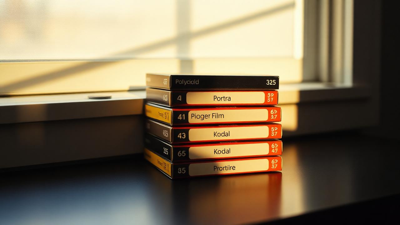 Stack of 35mm film boxes in Portra and Kodak Gold style colors on a dark windowsill, choosing a film look