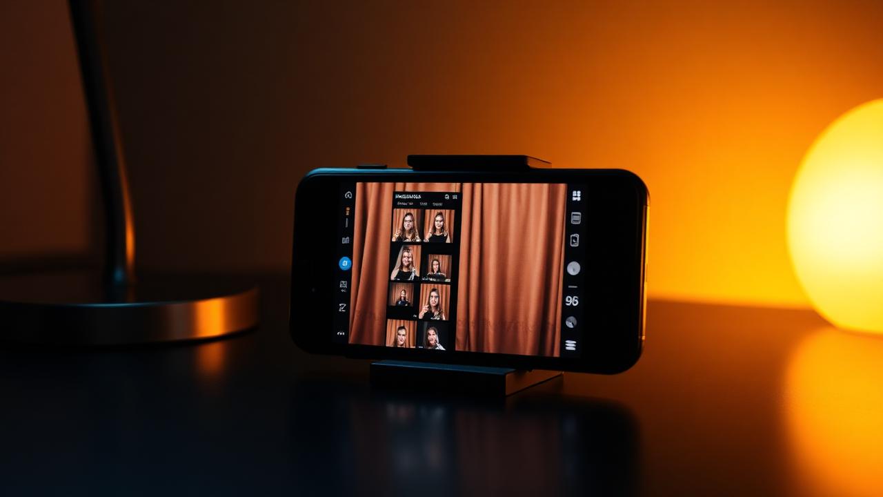 Smartphone showing a vertical 9:16 photobooth strip composed for Instagram Stories on a dark desk