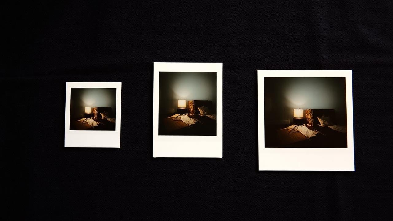 Instax Mini, Square and Wide prints arranged in a row on dark linen to compare format sizes