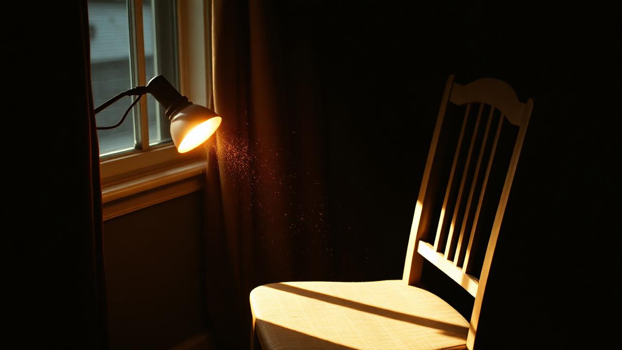 Single tungsten lamp casting dust-lit beam across an empty wooden chair near a window, vintage cinematic lighting