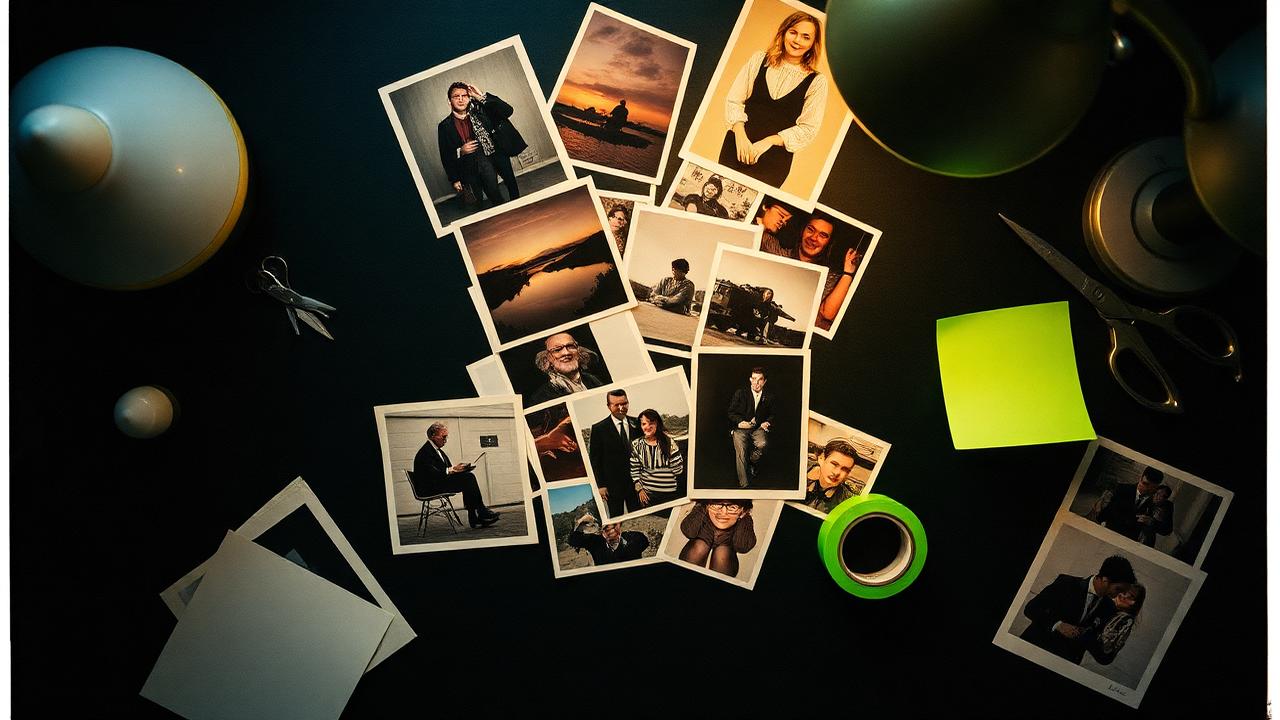 Overhead flatlay of a vintage photo collage in progress with scissors, washi tape and an electric lime sticky note
