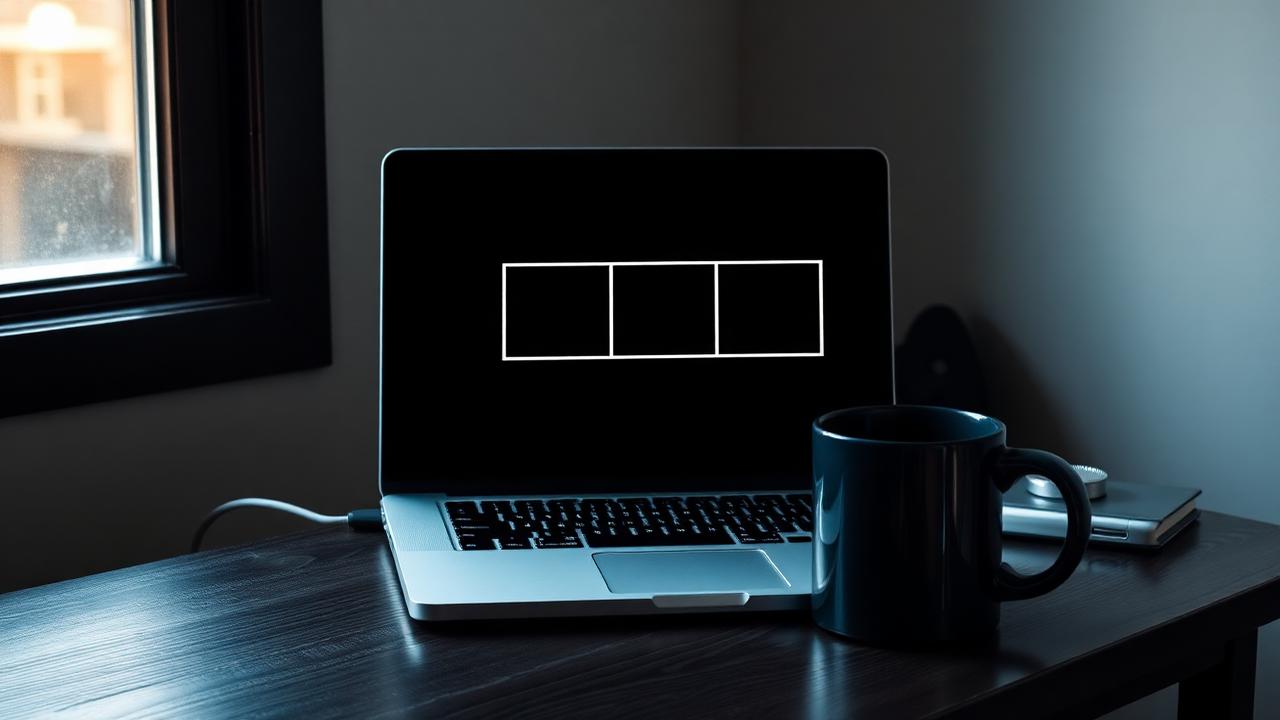Laptop on a dark desk showing a blank four-frame photo strip layout in a browser, free online photo strip maker