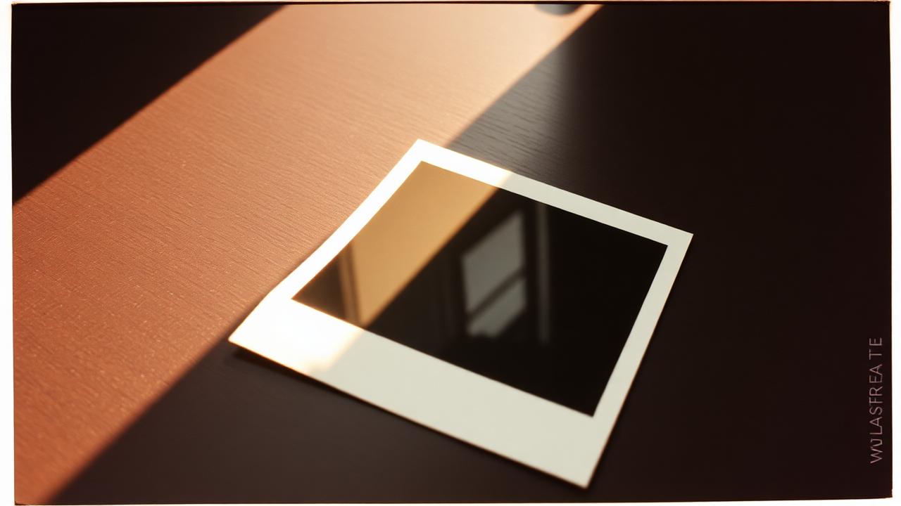Vintage Polaroid SX-70 square print with classic fat bottom border lying on a dark wooden surface in window light
