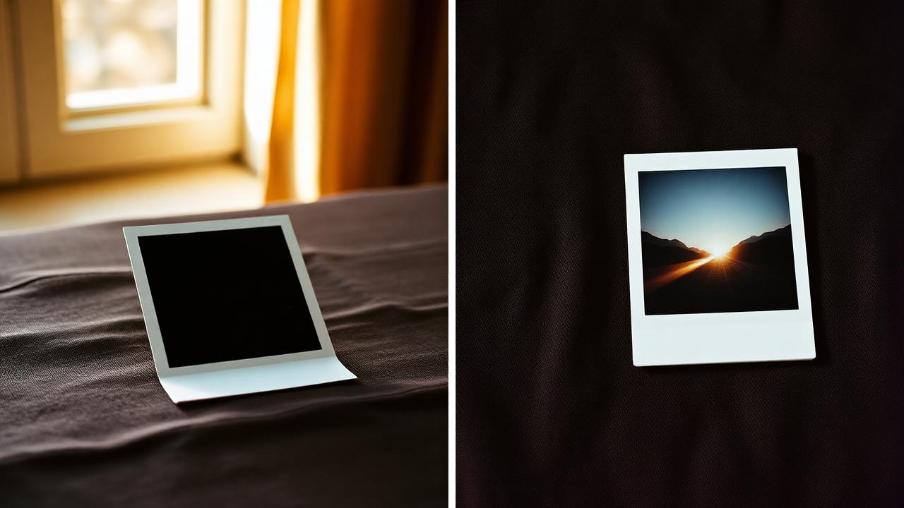 Polaroid SX-70 square print next to a Fujifilm Instax Mini print on dark linen, side-by-side comparison