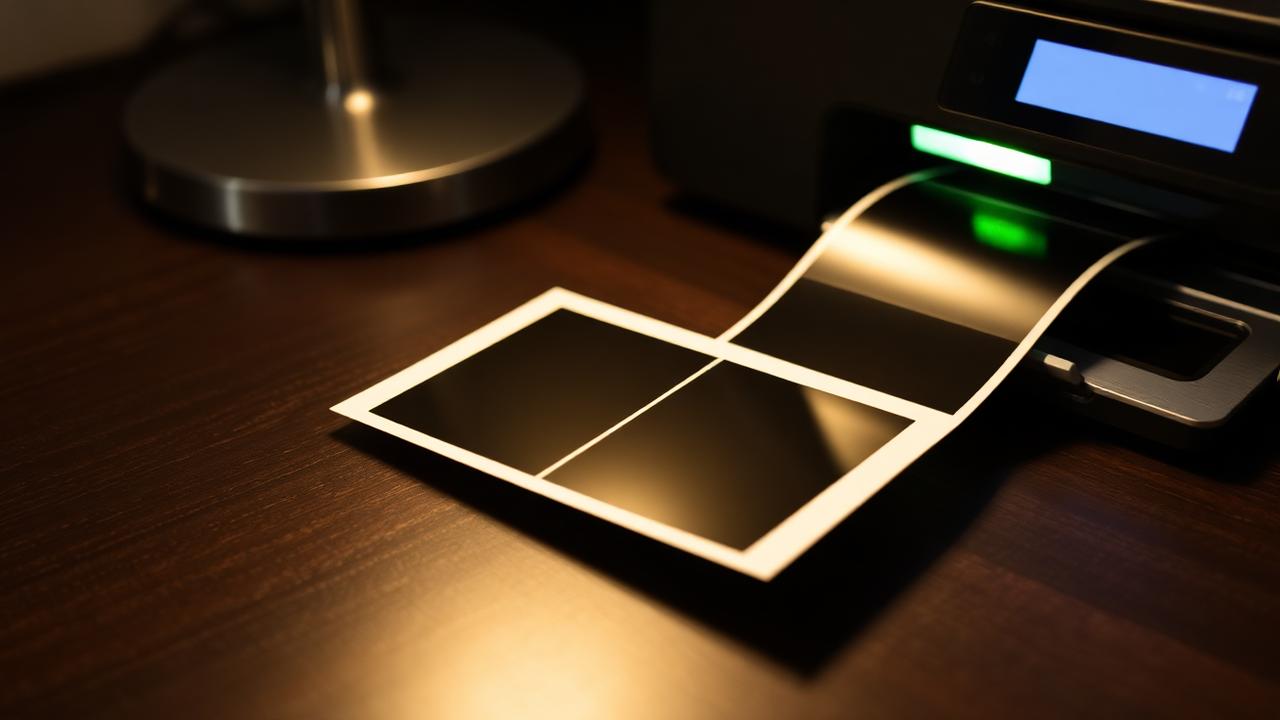 Photobooth strip printed at 10x15 cm on an inkjet printer tray under a warm desk lamp