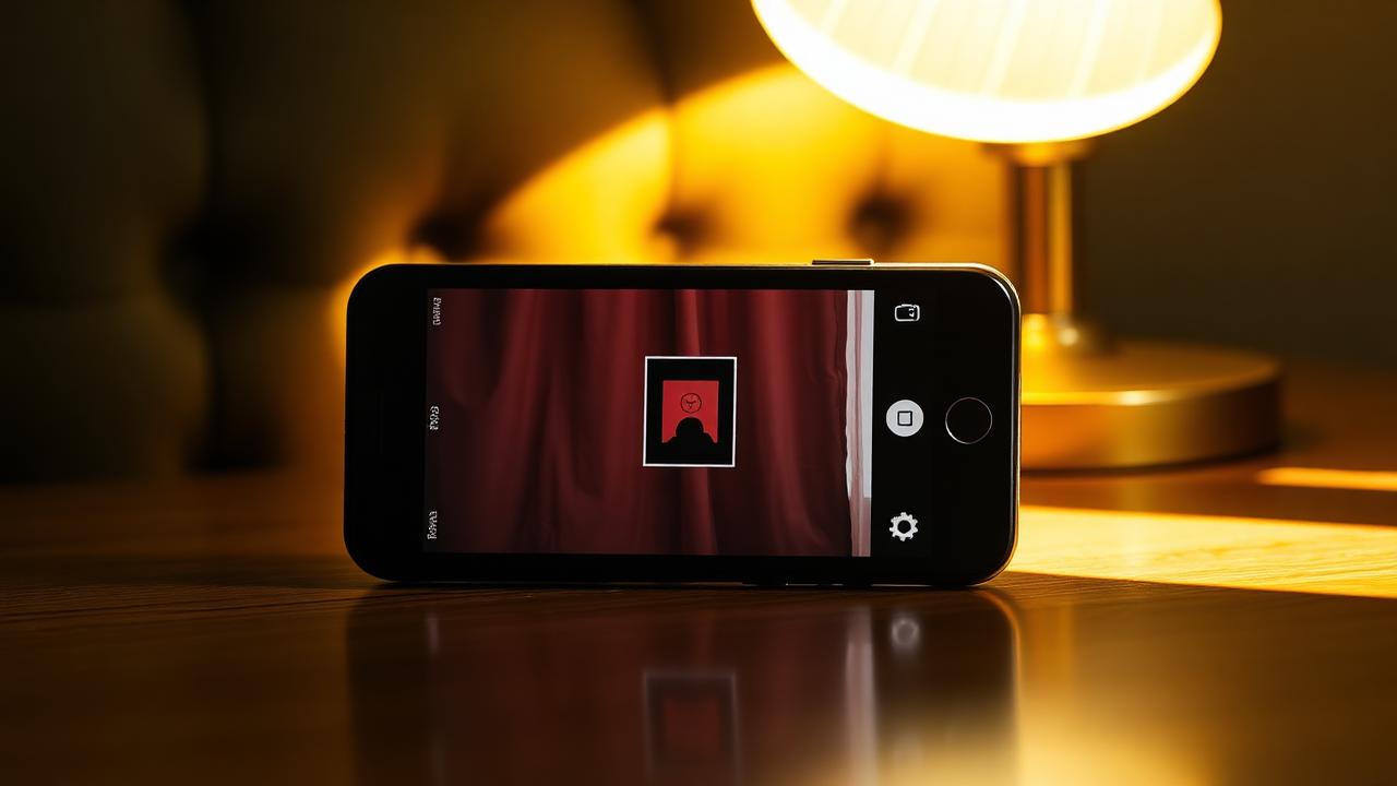 Smartphone in landscape showing a vertical photobooth strip centered for an Instagram Story under warm light